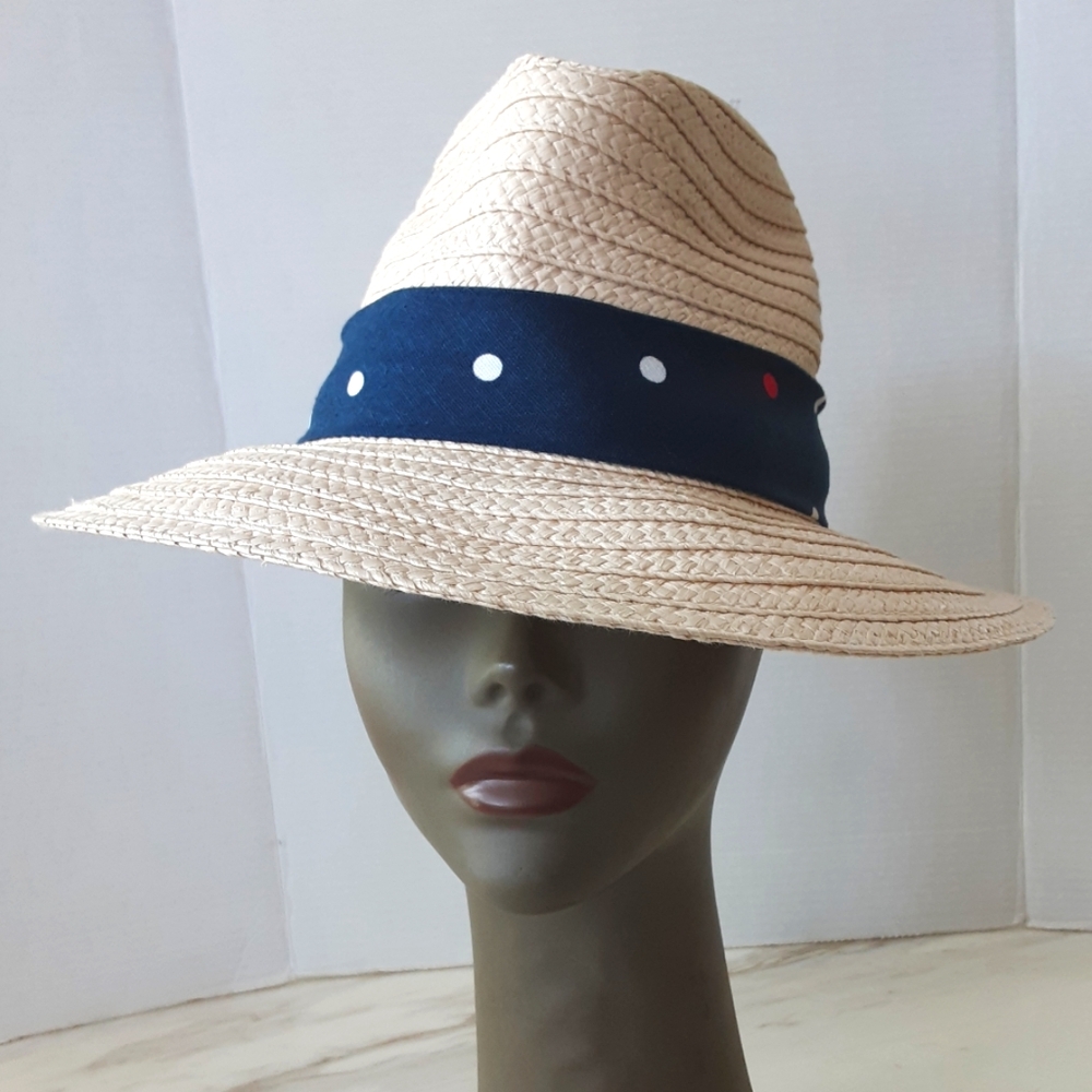 COLUMBIA Straw Fedora Navy Polka-Dot Band w/Interior Stretch Band - OS